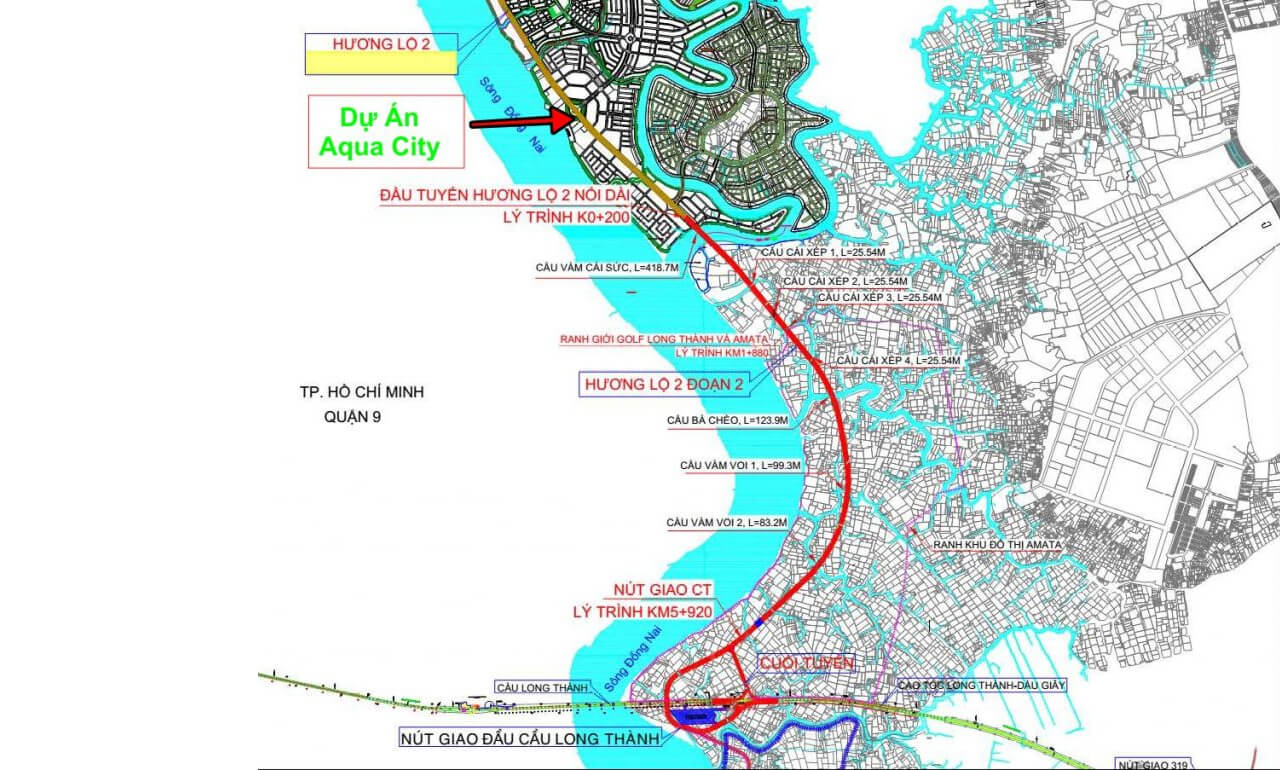 Bản vẽ thể hiện tuyến đường hương lộ 2 dự án aqua city